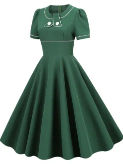 Discount Retro Stage 1950s Patchwork Button Swing Vintage Dress