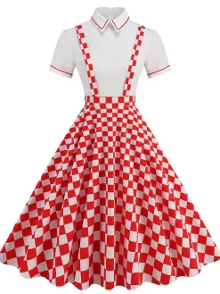 Sale Retro Stage 1950s Patchwork Lapel Collar Suspender Dress