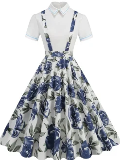 Sale Retro Stage 1950s Patchwork Lapel Collar Suspender Dress