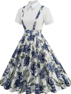 Sale Retro Stage 1950s Patchwork Lapel Collar Suspender Dress