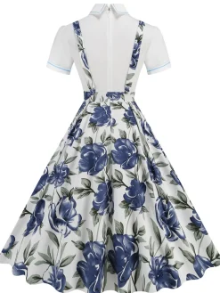 Sale Retro Stage 1950s Patchwork Lapel Collar Suspender Dress