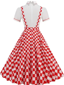 Sale Retro Stage 1950s Patchwork Lapel Collar Suspender Dress