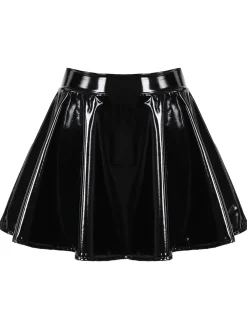 Best Retro Stage 1980s Patent Leather Pleated Mini Skirt