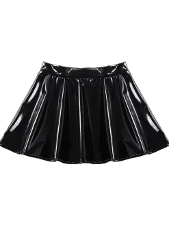 Best Retro Stage 1980s Patent Leather Pleated Mini Skirt