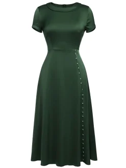 Discount Retro Stage 1940s Pearl Buttons Solid Darlene Dress