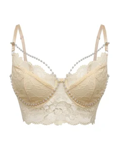 Hot Retro Stage 1940s Pearl Chain Floral Lace Crop Camisole
