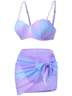 Clearance Retro Stage 1960s Pearl-Strap Shell Ombre Bikini Set Blue