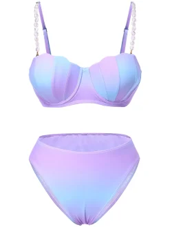 Clearance Retro Stage 1960s Pearl-Strap Shell Ombre Bikini Set Blue