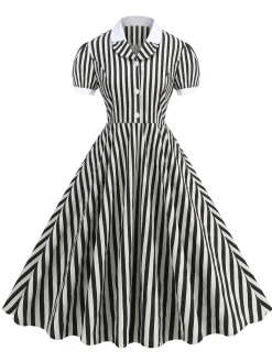 Best Retro Stage 1950s Peter Pan Collar & White Stripes Dress Black