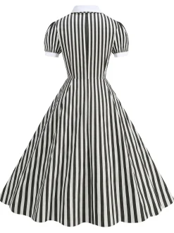Best Retro Stage 1950s Peter Pan Collar & White Stripes Dress Black