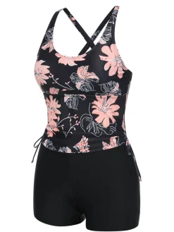 Best Retro Stage 1930s Pink Floral Lace-Up Tankini Pink Flower