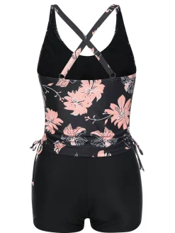 Best Retro Stage 1930s Pink Floral Lace-Up Tankini Pink Flower