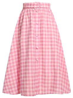 Online Retro Stage 1950s Plaid Button Skirt With Belt Pink