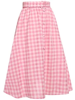 Online Retro Stage 1950s Plaid Button Skirt With Belt Pink