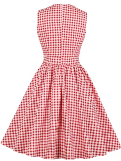Discount Retro Stage 1950s Plaid Bow Pockets Lapel Dress