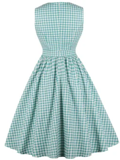 Discount Retro Stage 1950s Plaid Bow Pockets Lapel Dress