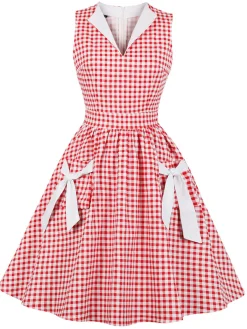 Outlet Retro Stage 1950s Plaid Bow Pockets Lapel Dress