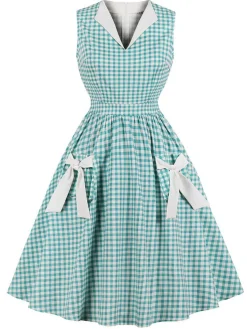 Outlet Retro Stage 1950s Plaid Bow Pockets Lapel Dress