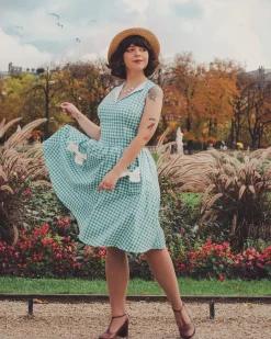Outlet Retro Stage 1950s Plaid Bow Pockets Lapel Dress