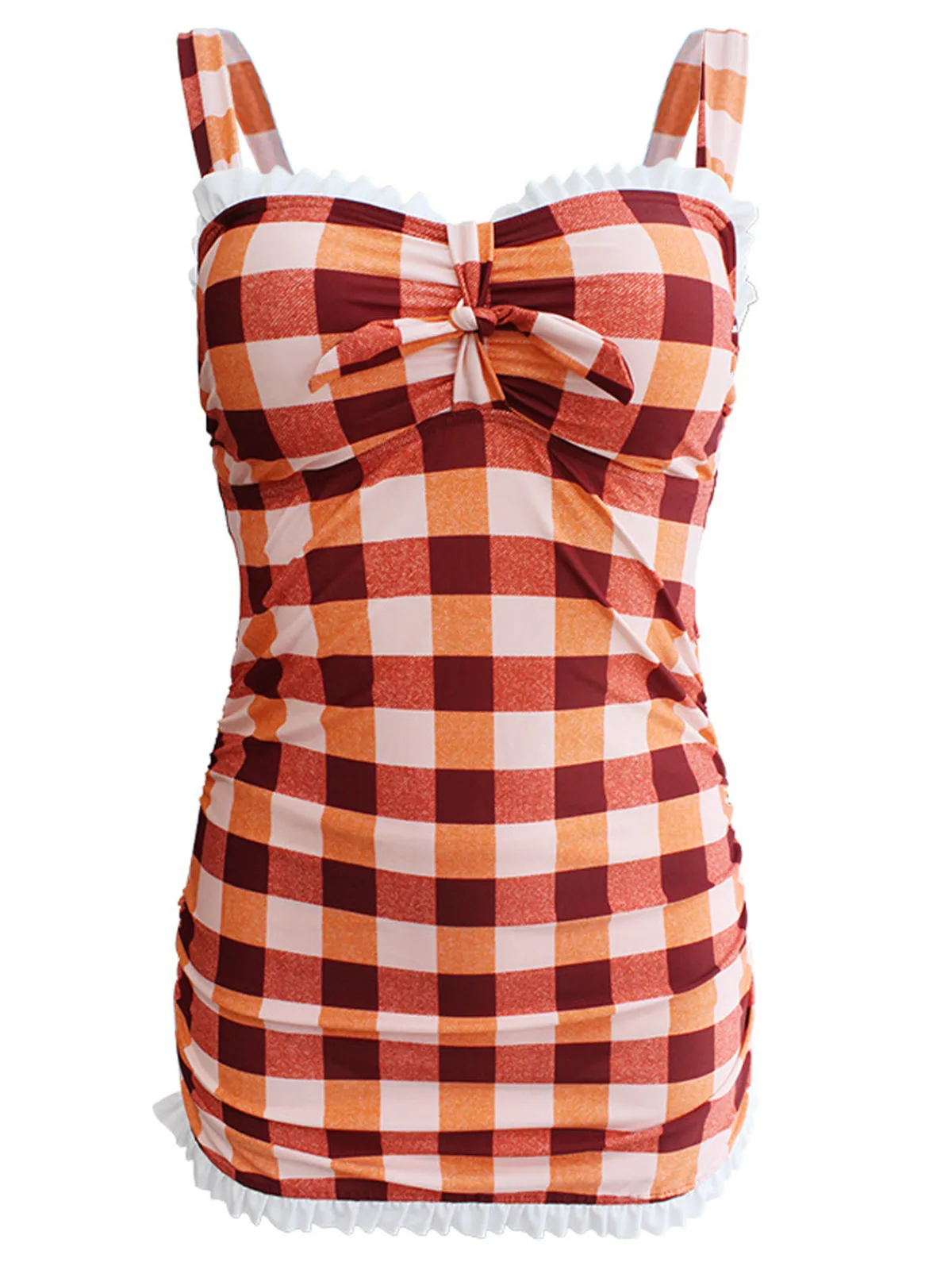 Outlet Retro Stage 1950s Plaid Bow Strap Ruffled Tankini Orange