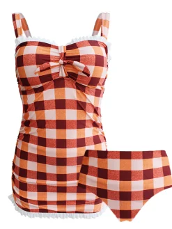 Outlet Retro Stage 1950s Plaid Bow Strap Ruffled Tankini Orange