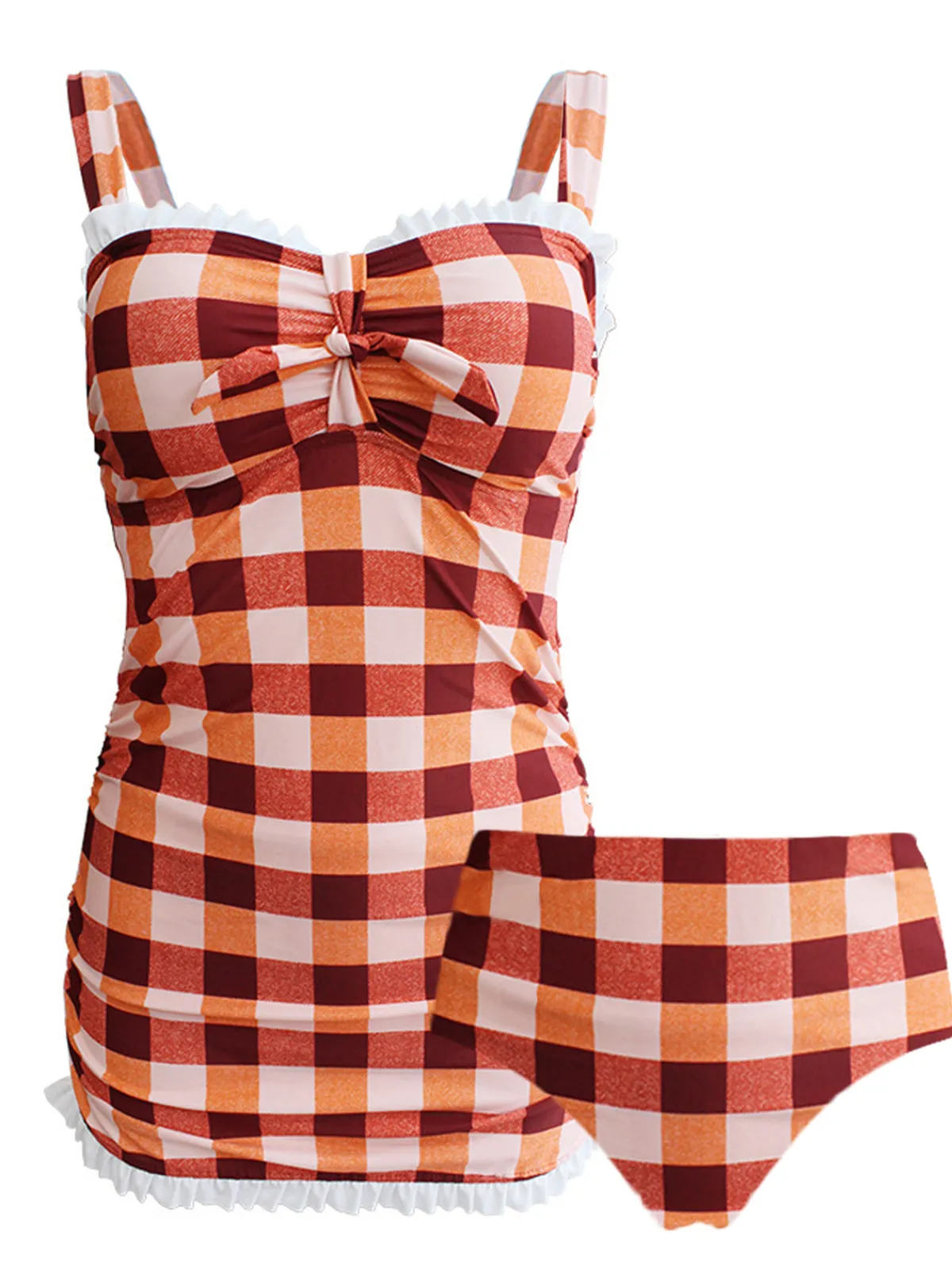 Outlet Retro Stage 1950s Plaid Bow Strap Ruffled Tankini Orange