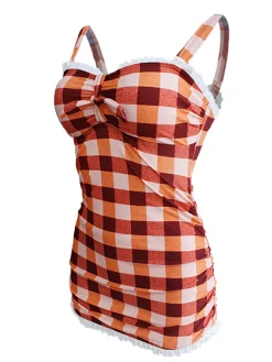 Outlet Retro Stage 1950s Plaid Bow Strap Ruffled Tankini Orange
