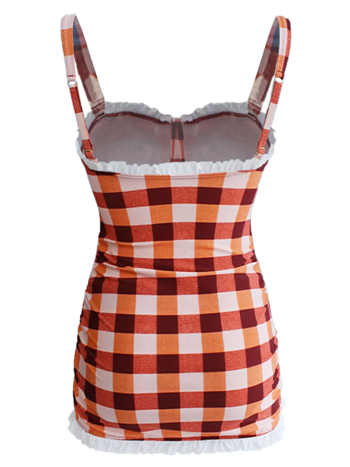 Outlet Retro Stage 1950s Plaid Bow Strap Ruffled Tankini Orange