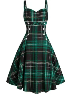 New Retro Stage 1950s Plaid Button Strap Swing Dress