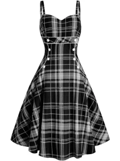 New Retro Stage 1950s Plaid Button Strap Swing Dress