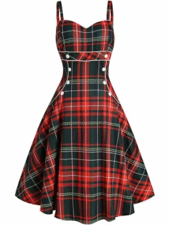 New Retro Stage 1950s Plaid Button Strap Swing Dress
