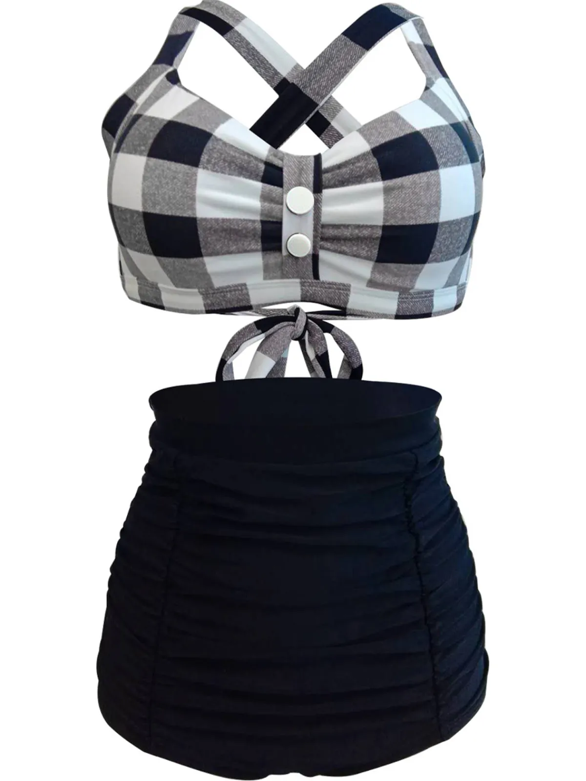 Best Retro Stage 1950s Plaid Criss Cross Pleated Bikini