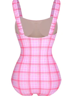 Sale Retro Stage 1950s Plaid Elastic Gathers One-Piece Swimsuit