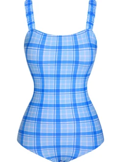 Sale Retro Stage 1950s Plaid Elastic Gathers One-Piece Swimsuit