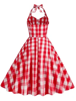 Discount Retro Stage 1950s Plaid Halter Swing Dress