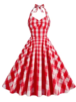 Outlet Retro Stage 1950s Plaid Halter Swing Dress