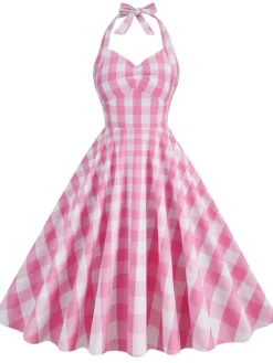 Outlet Retro Stage 1950s Plaid Halter Swing Dress