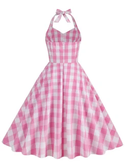Outlet Retro Stage 1950s Plaid Halter Swing Dress