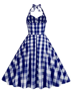 Outlet Retro Stage 1950s Plaid Halter Swing Dress