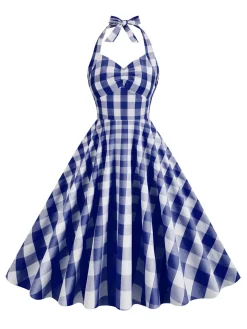 Clearance Retro Stage 1950s Plaid Halter Swing Dress