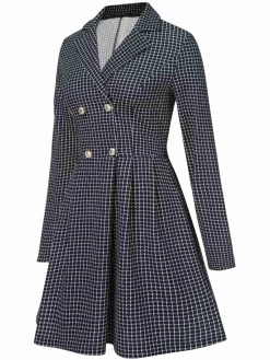 New Retro Stage 1950s Plaid Notch Lapel Double Breasted Coat