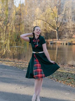 Best Retro Stage 1950s Plaid Patchwork Bow Swing Dress Green