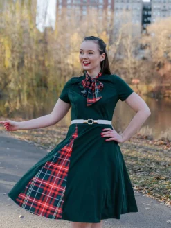 Best Retro Stage 1950s Plaid Patchwork Bow Swing Dress Green