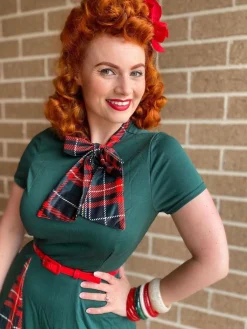 Best Retro Stage 1950s Plaid Patchwork Bow Swing Dress Green
