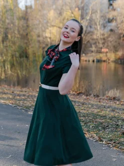 Best Retro Stage 1950s Plaid Patchwork Bow Swing Dress Green