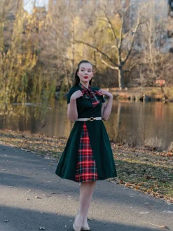 Best Retro Stage 1950s Plaid Patchwork Bow Swing Dress Green