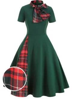 Best Retro Stage 1950s Plaid Patchwork Bow Swing Dress Green