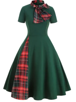 Best Retro Stage 1950s Plaid Patchwork Bow Swing Dress Green