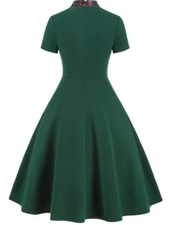 Best Retro Stage 1950s Plaid Patchwork Bow Swing Dress Green