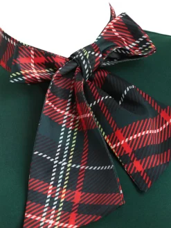 Best Retro Stage 1950s Plaid Patchwork Bow Swing Dress Green